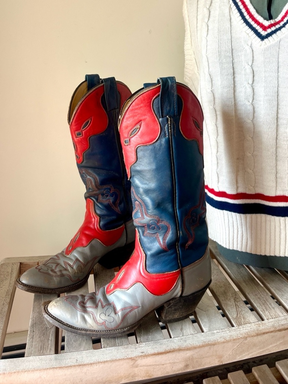 Vintage Laramie Handmade Western Boots Tri Color Red Blue Gray Leather Size 7